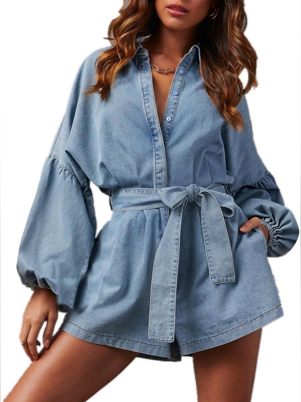Ezapine Light Blue Denim Tie-Waist Romper